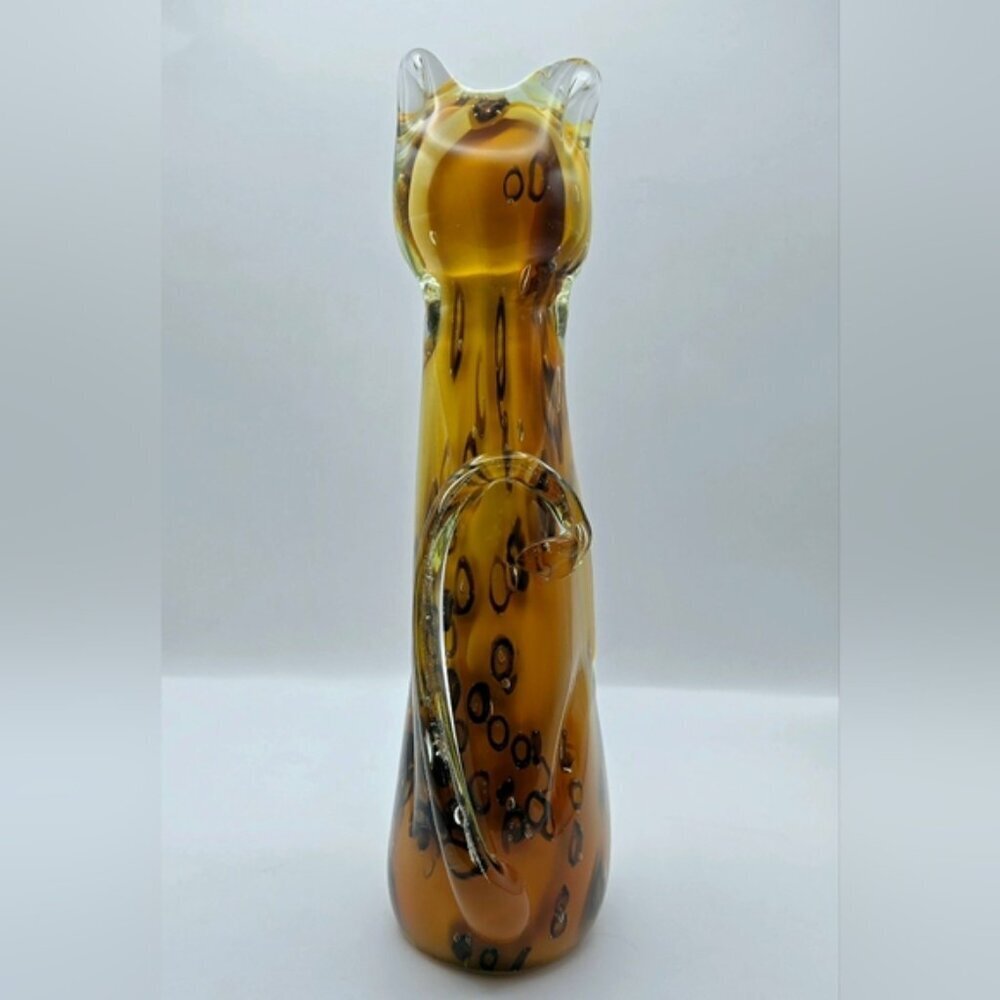 Vintage 10" Blown Art Glass MCM Cat Figure Amber Leopard Spots - Picture 6 of 8